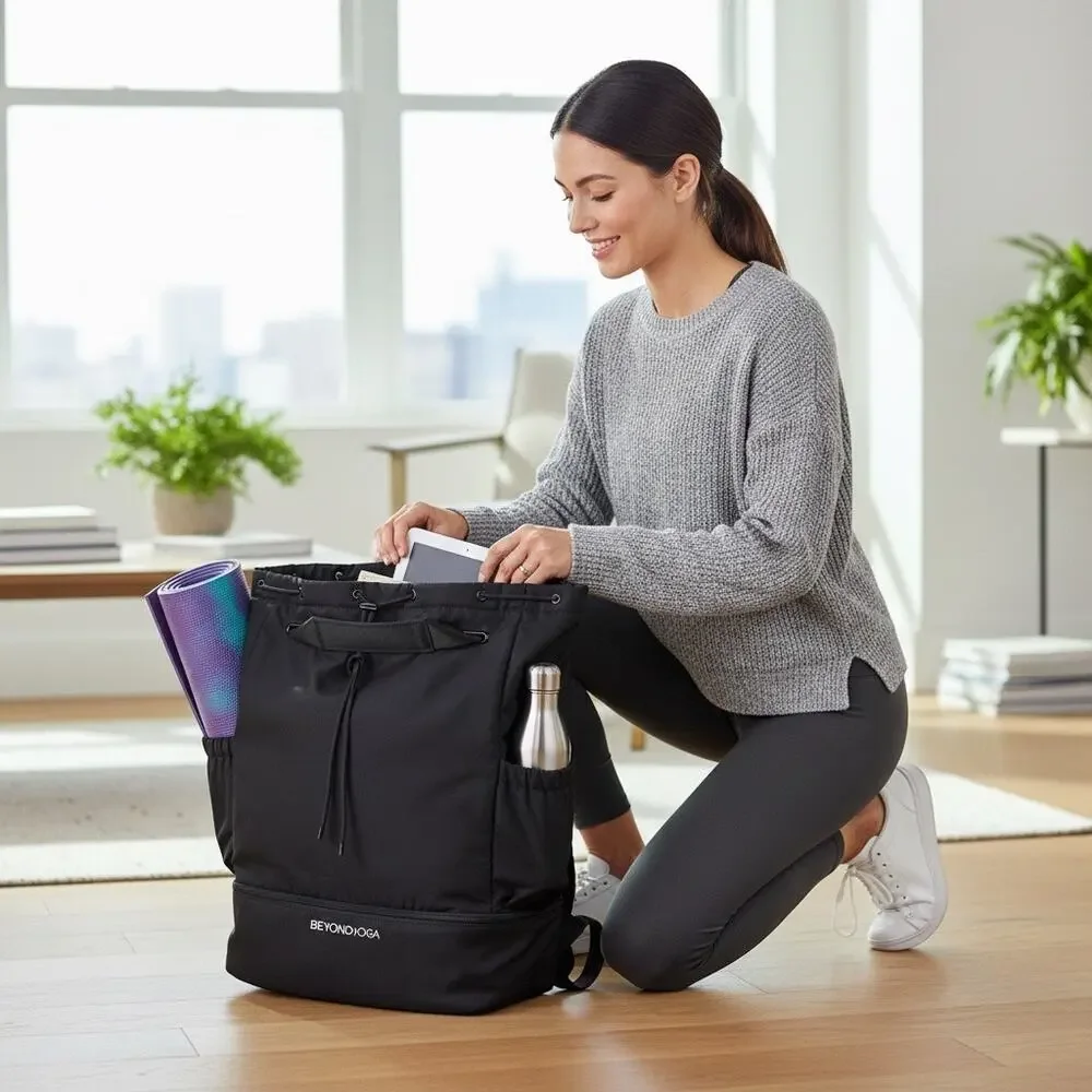 Beyond Yoga Convertible Gym Bag Black Adjustable Backpack Zipped Athleisure Tote
